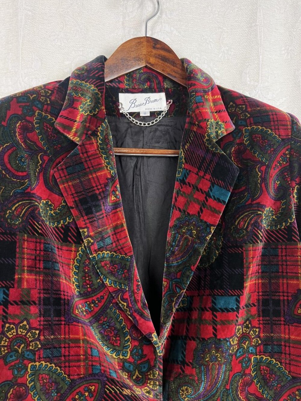 Vintage red velvet plaid & paisley 1-button blazer Beau Brem cotton boho jacket